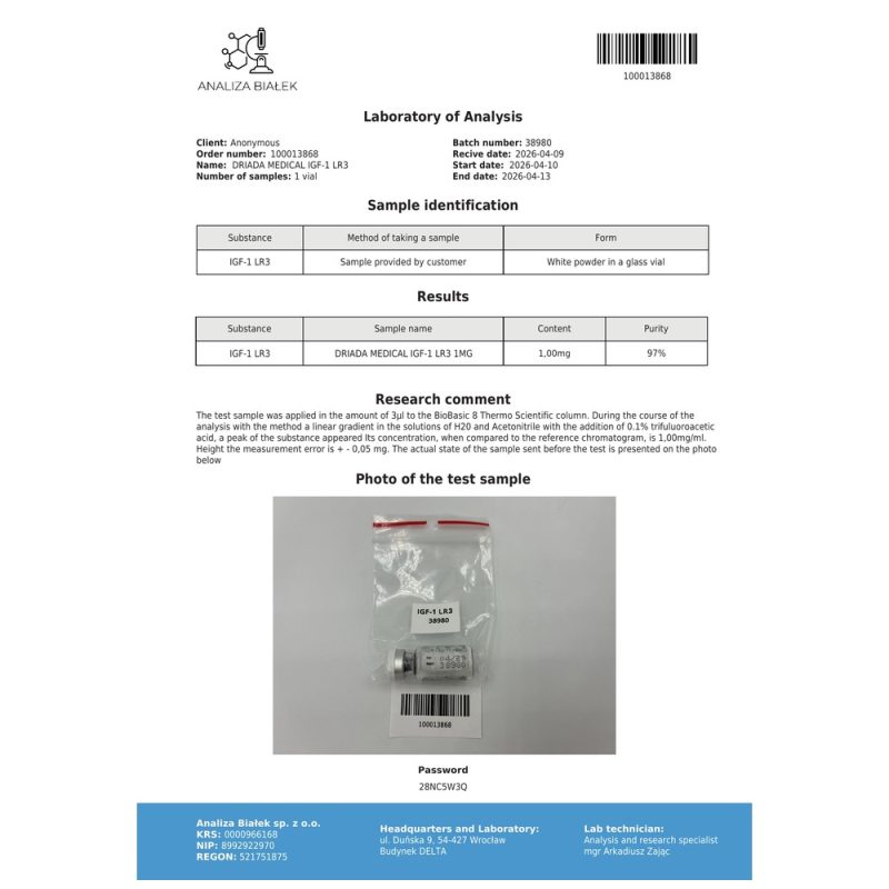 Cumpără IGF-1 LR3 Driada Medical 1mg (Flacon + Apă)