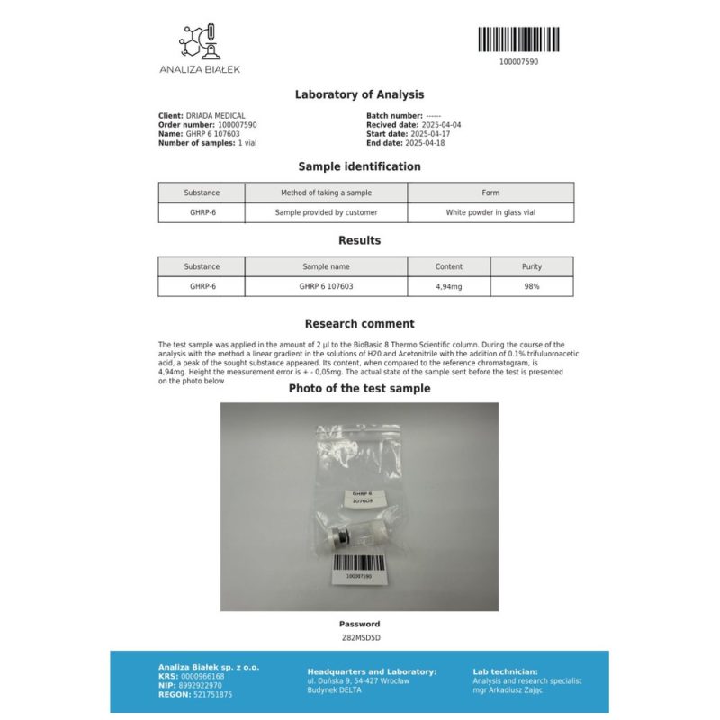GHRP-6 Driada Medical (5 mg / Vial + Wasser) – Wachstumshormon-Sekretagog für Masseaufbau und Regeneration