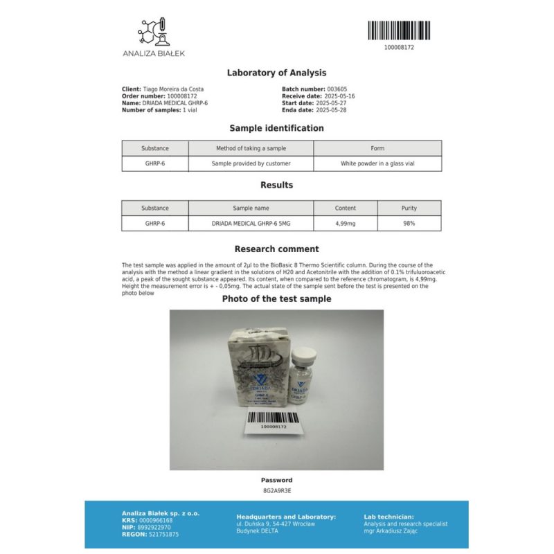 GHRP-6 Driada Medical (5 mg / Vial + Wasser) – Wachstumshormon-Sekretagog für Masseaufbau und Regeneration